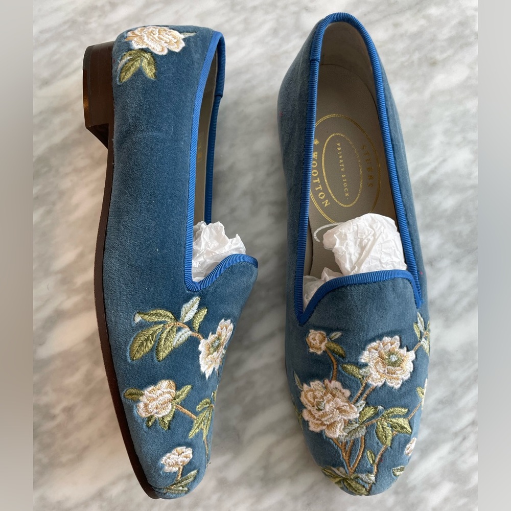 Stubbs & Wootton NEW Rosebud Velvet Women’s Loafers slippers - ink blue - 7.5